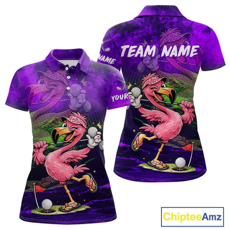 A purple short-sleeve polo shirt shown from the front and back, featuring a cartoon pink flamingo golf theme with the text 'TEAM NAME' and 'YOUR NAME'. The shirt has a purple marbled pattern with a large colorful flamingo graphic on the front and back.