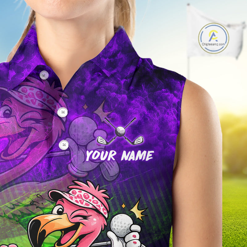 A sleeveless collared button-up shirt worn by a model, featuring a vibrant purple and black smoky background with cartoon bird graphics, a golf ball and clubs, and the customizable text 'YOUR NAME'.