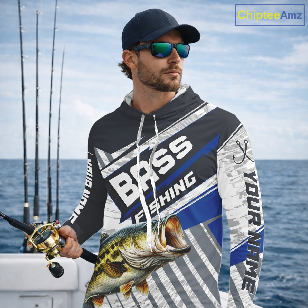Personalized Bass Fishing Jerseys For Fishing Team, Largemouth Bass Hooded Fishing Shirt Long Sleeve NHT918