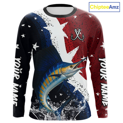 Personalized Texas Flag Sailfish Fishing Shirt Jerseys, Texas Sailfish Fishing Shirts Long Sleeve For Men NHT763