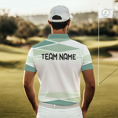 Personalized Golf Polo Shirt Custom Team Name White Green Geometric Golf Team Polo For Men NHT943