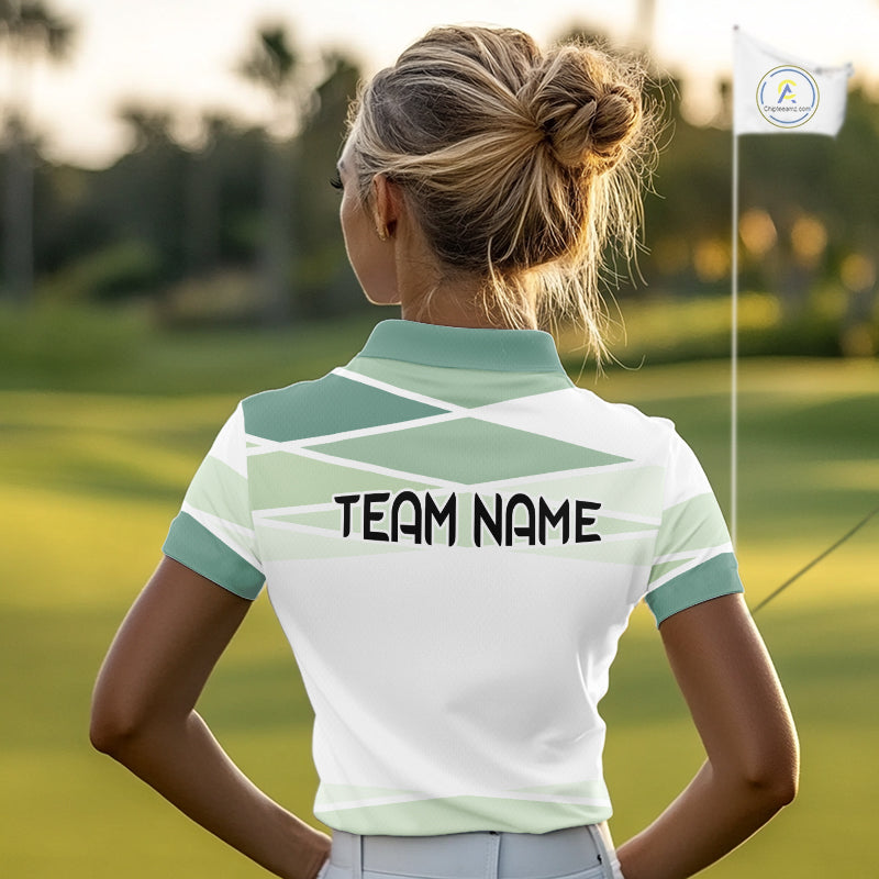 Personalized Golf Polo Shirt Custom Team Name White Green Geometric Golf Team Polo For Womens NHT943