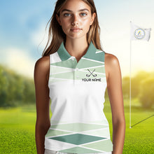 Load image into Gallery viewer, Personalized White Green Geometric Womens Sleeveless Golf Polo Shirt  Custom Team Name