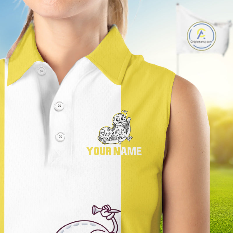 Custom Yellow White Sleeveless Womens Golf Team Polo Shirt, Funny Golf Ball Family Design, Matching Team Outfit NHT790