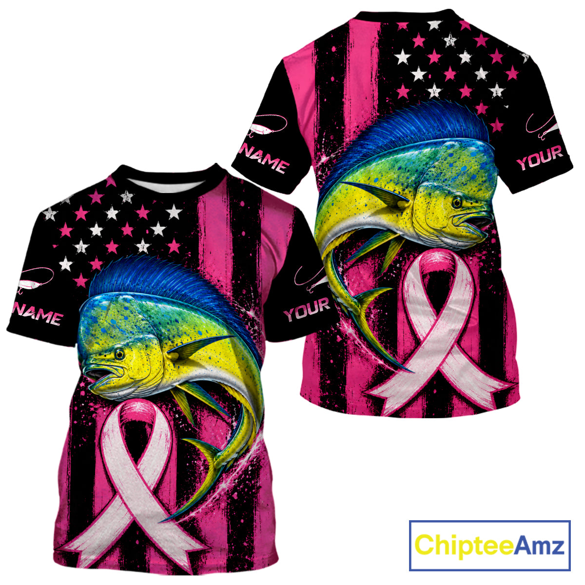 Front and back views of a short-sleeve graphic t-shirt on a white background. The shirt features a large colorful mahi-mahi fish graphic, a pink awareness ribbon, and a black and pink American flag pattern with white stars.