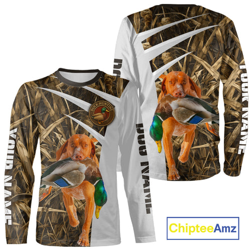 Mallard Duck Hunting Shirt Custom Name with Vizsla Dog Camo Hunting Clothes, Hunting Shirts NHT152