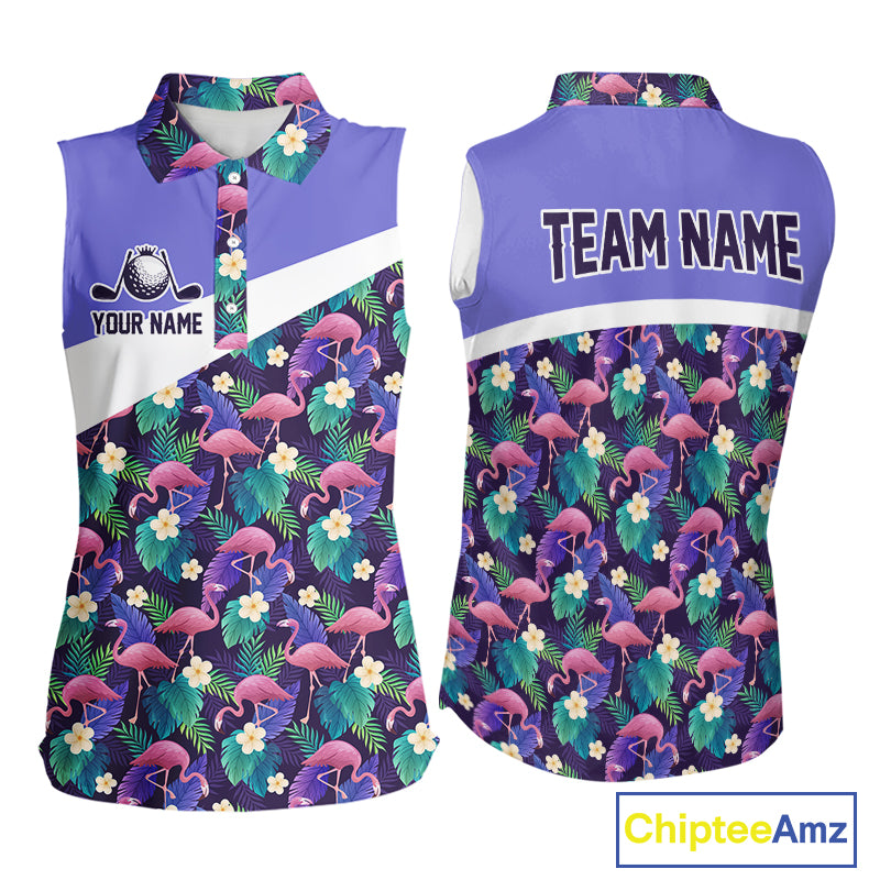 Purple Flamingo Tropical Pattern Womens Sleeveless Golf Polo Shirt Custom Golf Shirts For Golfer NHT584