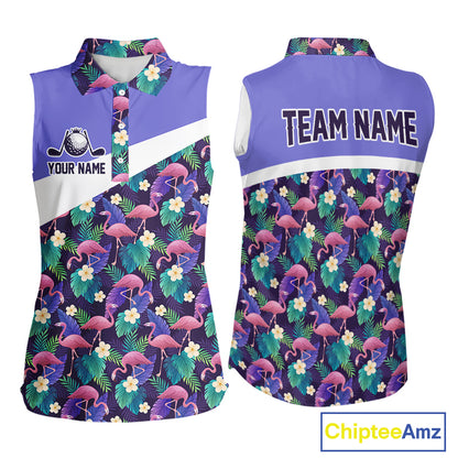 Purple Flamingo Tropical Pattern Womens Sleeveless Golf Polo Shirt Custom Golf Shirts For Golfer NHT584