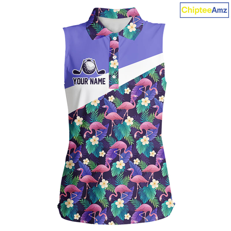 Purple Flamingo Tropical Pattern Womens Sleeveless Golf Polo Shirt Custom Golf Shirts For Golfer NHT584