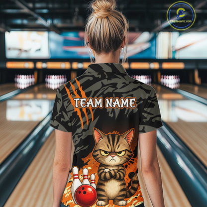Funny Cat Bowling Shirt Custom Name Black Camo Orange Personalized Team Jersey For Women NHT1265