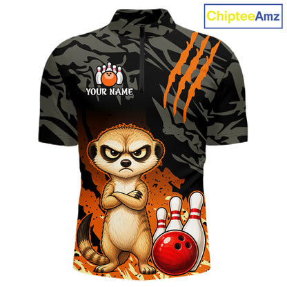 A short-sleeve quarter-zip bowling-themed t-shirt with a camouflage pattern, featuring a cartoon meerkat, bowling pins, a red bowling ball, and orange claw marks. The shirt has a placeholder graphic on the left chest reading 'YOUR NAME' with bowling pins, and a 'ChipteeAmz' logo in the top right corner.