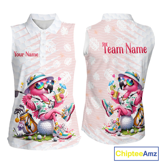 Funny Flamingo Womens Sleeveless Golf Shirt With Pattern Pink Tropical – Personalized Name & Team Custom Polo NHT597