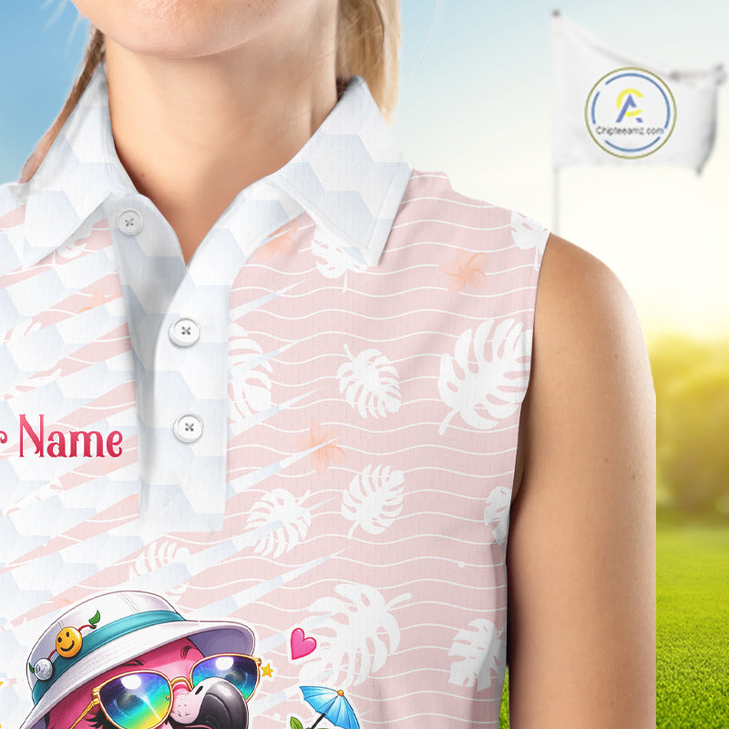 Funny Flamingo Womens Sleeveless Golf Shirt With Pattern Pink Tropical – Personalized Name & Team Custom Polo NHT597