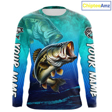 Load image into Gallery viewer, Custom Name Teal Blue Bass Fishing Jersey - Personalized 3D Long Sleeve Fishing Shirt For Men
