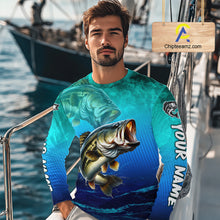 Load image into Gallery viewer, Custom Name Teal Blue Bass Fishing Jersey - Personalized 3D Long Sleeve Fishing Shirt For Men