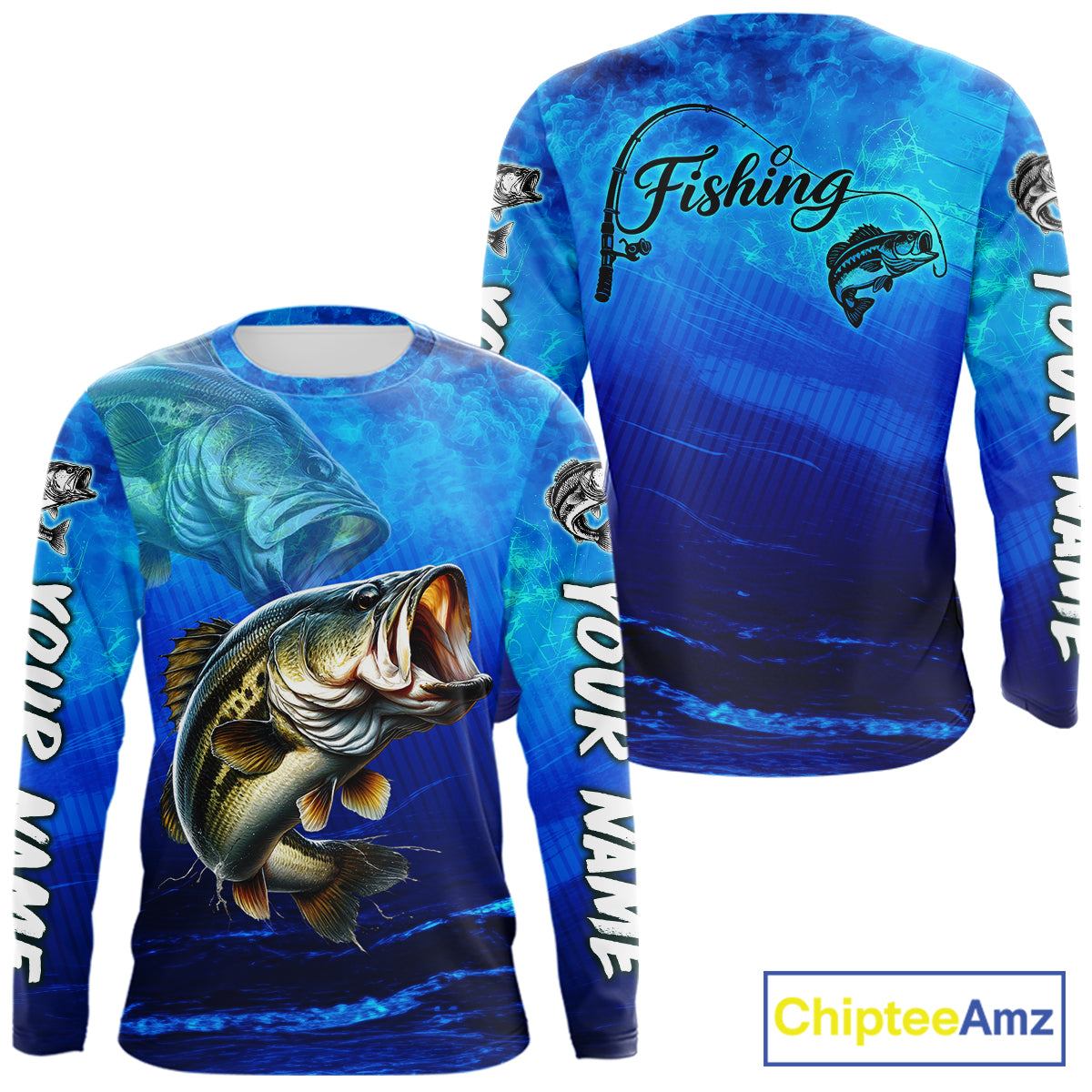 Custom Name Royal Blue Bass Fishing Jersey - Personalized 3D Long Sleeve Fishing Shirt For Men