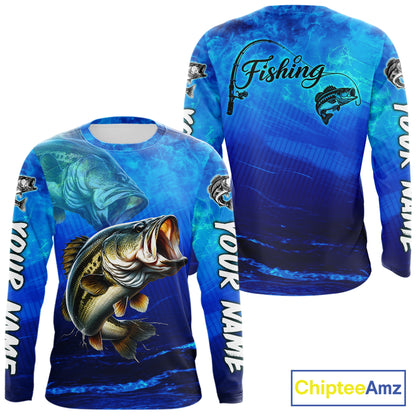 Custom Name Royal Blue Bass Fishing Jersey - Personalized 3D Long Sleeve Fishing Shirt For Men