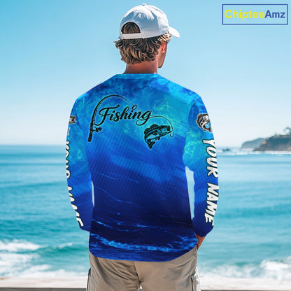 Custom Name Royal Blue Bass Fishing Jersey - Personalized 3D Long Sleeve Fishing Shirt For Men