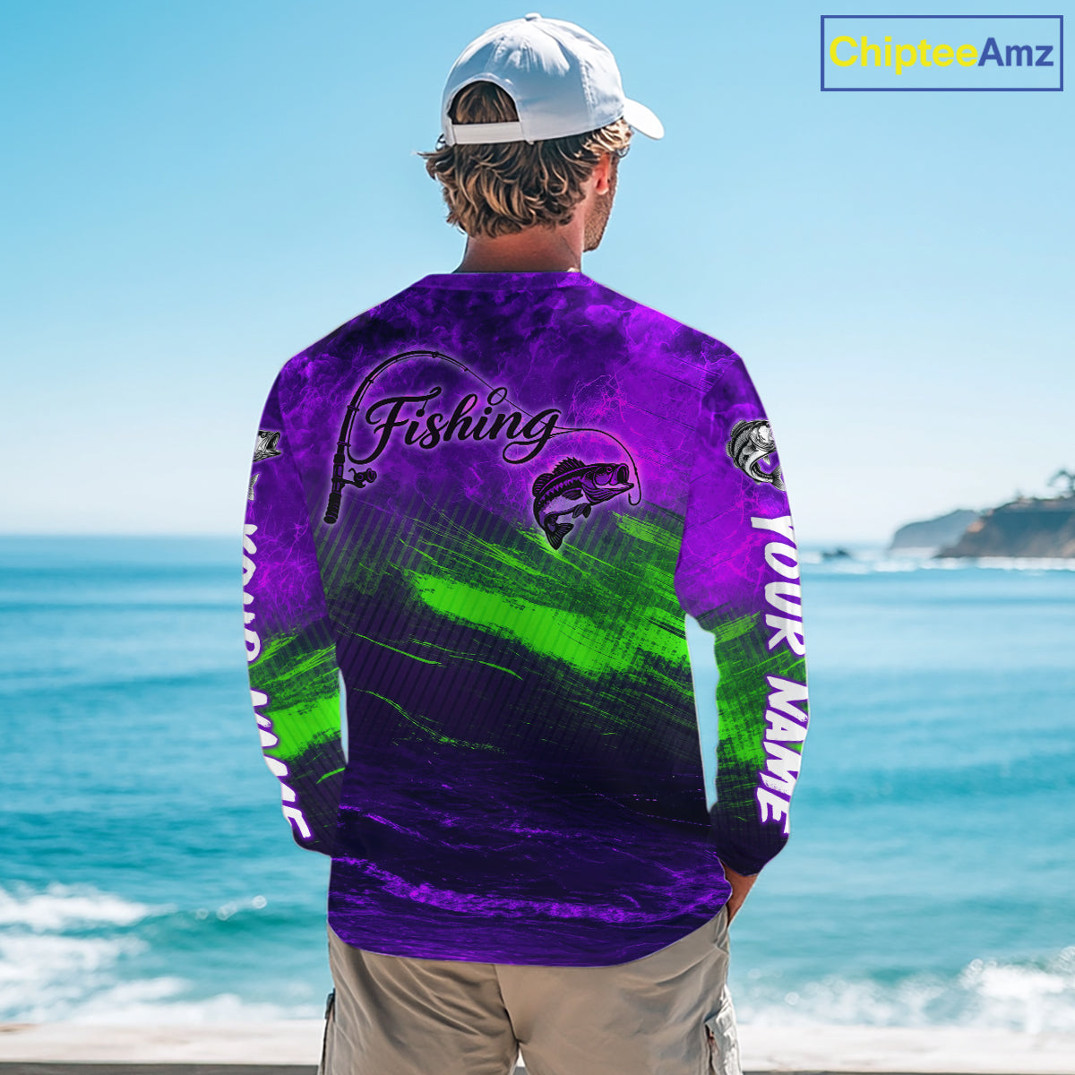 Custom Name Purple Lime Bass Fishing Jersey - Personalized 3D Long Sleeve Fishing Shirt For Men