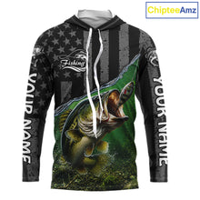 Load image into Gallery viewer, Gray Green Bass Custom Long Sleeve Hooded Fishing Shirts, Bass Fishing Jerseys