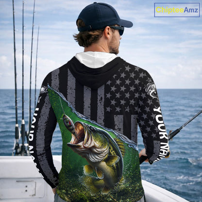 Gray Green Bass Custom Long Sleeve Hooded Fishing Shirt, American Flag Patriotic Bass Fishing Jersey NHT974