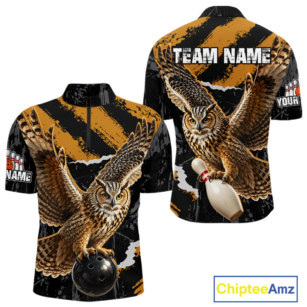 Front and back views of a short-sleeve bowling-themed quarter-zip shirt with a large owl and bowling pin graphic on a black and mustard background, plus customizable text placeholders.