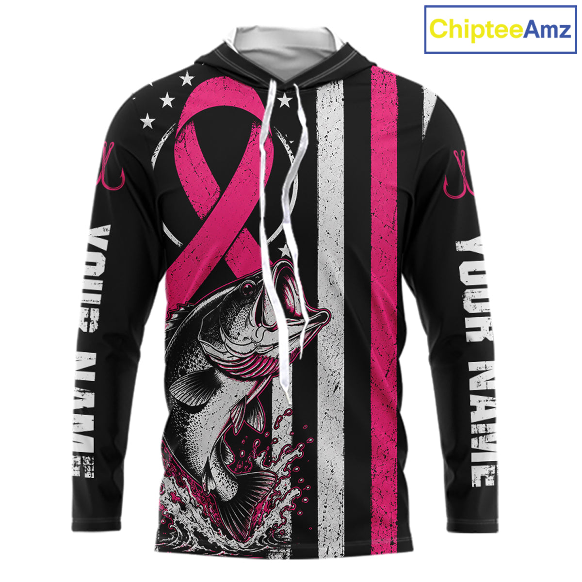 A custom black long-sleeve hoodie with a pink awareness ribbon, a fish graphic, distressed vertical stripes, and white text on the sleeves, shown on a white background with a ChipteeAmz logo in the top right corner.