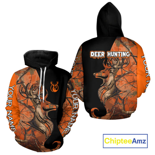 Deer Hunting Big Game Black Camo Orange Custom Name 3D All Over Print Shirts, Hunting Gift NHT267
