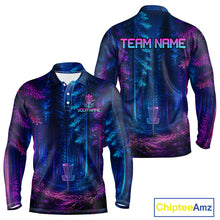 Load image into Gallery viewer, Mens Disc Golf Polo Shirt Custom Forest Neon Disc Golf Basket, Personalized Disc Golf Shirts NHT837