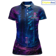 Load image into Gallery viewer, Womens Disc Golf Polo Shirt Custom Forest Neon Disc Golf Basket, Personalized Disc Golf Shirts NHT837
