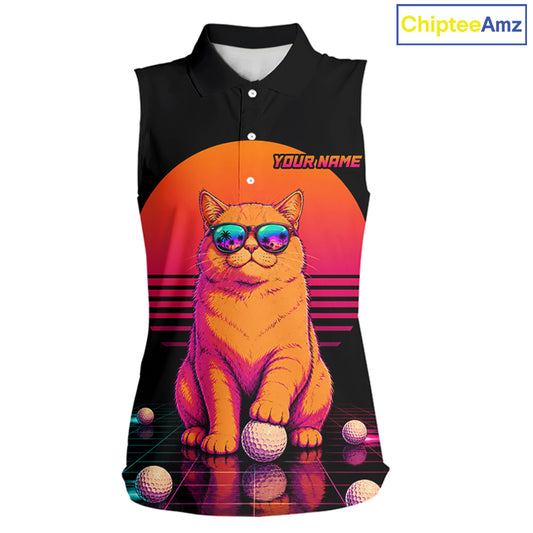 Personalized Funny Cat Womens Sleeveless Golf Polo Shirt – Vintage Neon Golf Design NHT992