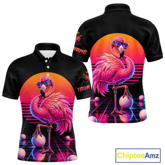 Personalized Funny Flamingo Mens Golf Polo Shirt – Vintage Neon Golf Design