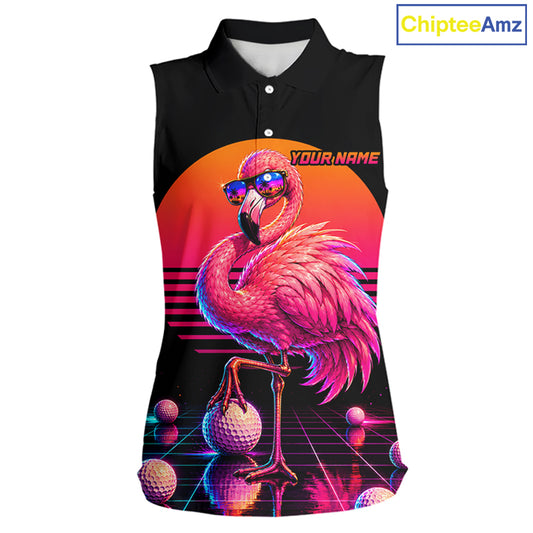 Personalized Funny Flamingo Womens Sleeveless Golf Polo Shirt – Vintage Neon Golf Design NHT994