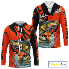 Load image into Gallery viewer, Orange Camo Walleye Fishing Custom Performance Long Sleeve Hooded, Walleye Fishing Jersey NHT432