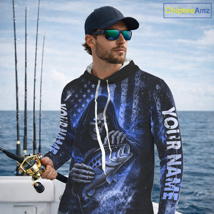 Hooded Custom Team Name Grim Reaper Bass Fishing With American Flag - Patriotic Bass Fishing Jersey|Yellow NHT630
