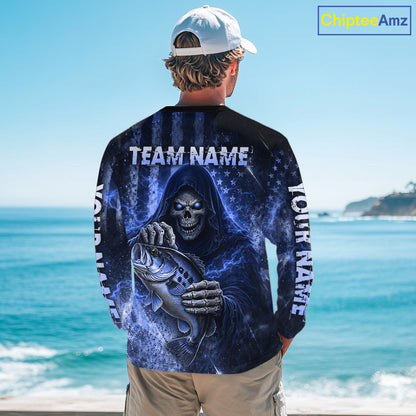 Custom Team Name Grim Reaper Bass Fishing With American Flag - Patriotic Bass Fishing Jersey|Yellow NHT630