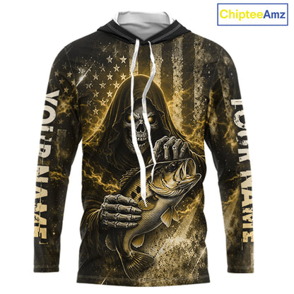 Hooded Custom Team Name Grim Reaper Bass Fishing With American Flag - Patriotic Bass Fishing Jersey|Blue NHT631