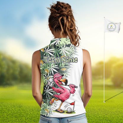Funny Pink Flamingo Green Tropical Pattern Sleeveless Womens Golf Polo Shirt Custom Golf Shirts For Womens NHT648