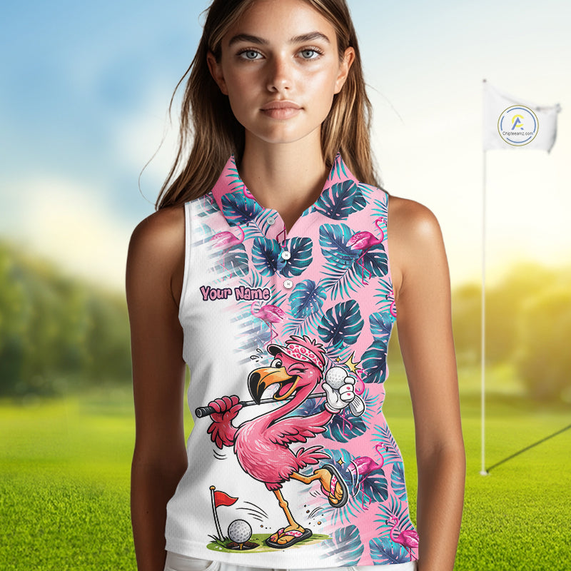 Funny Pink Flamingo Tropical With Pattern Sleeveless Womens Flamingo Golf Polo Shirt Custom Golf Shirts For Womens NHT649
