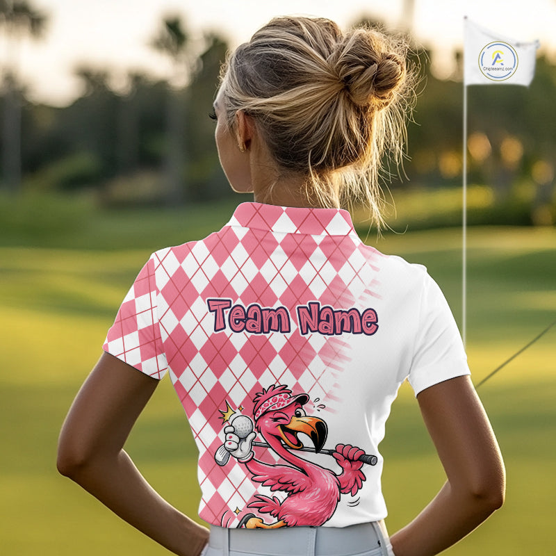 Funny Pink Flamingo Argyle Pink Pattern Golf Polo Shirt Custom Golf Shirts For Womens NHT650