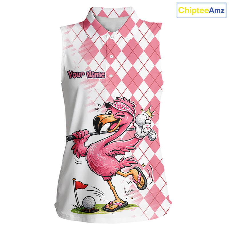 Funny Pink Flamingo Argyle Pink Pattern Sleeveless Womens Golf Polo Shirt Custom Golf Shirts For Womens NHT650