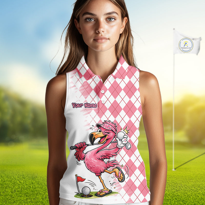 Funny Pink Flamingo Argyle Pink Pattern Sleeveless Womens Golf Polo Shirt Custom Golf Shirts For Womens NHT650