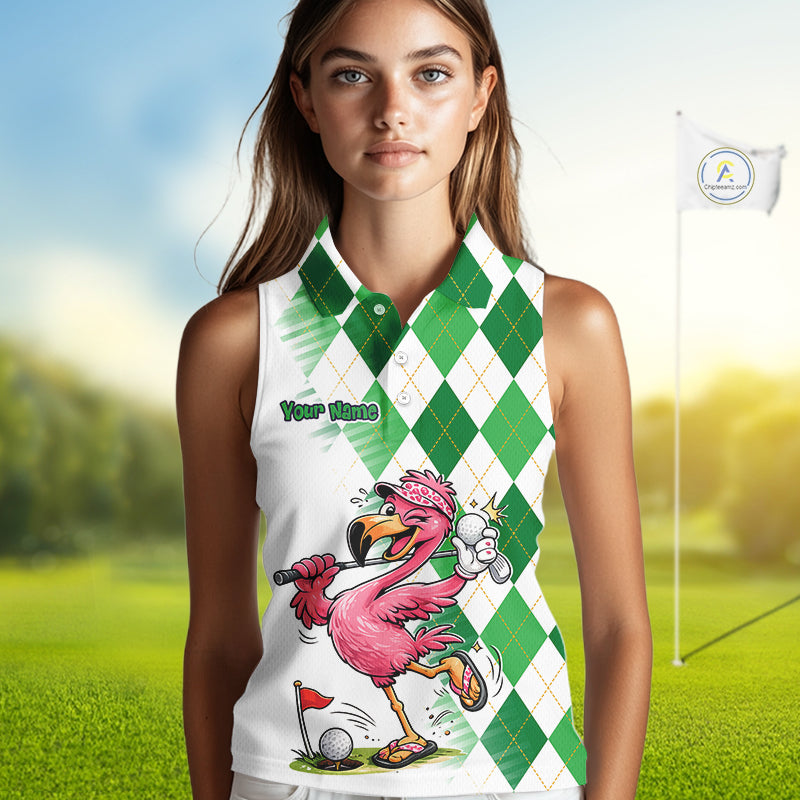 Funny Pink Flamingo Argyle Green Pattern Sleeveless Womens Golf Polo Shirt Custom Golf Shirts For Womens NHT651