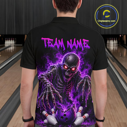 A man viewed from behind wearing a black short-sleeve polo shirt with a large graphic print of a glowing purple skull monster and the text 'TEAM NAME' on the back. Bowling lanes are visible in the background, and a circular 'Chipteeamz.