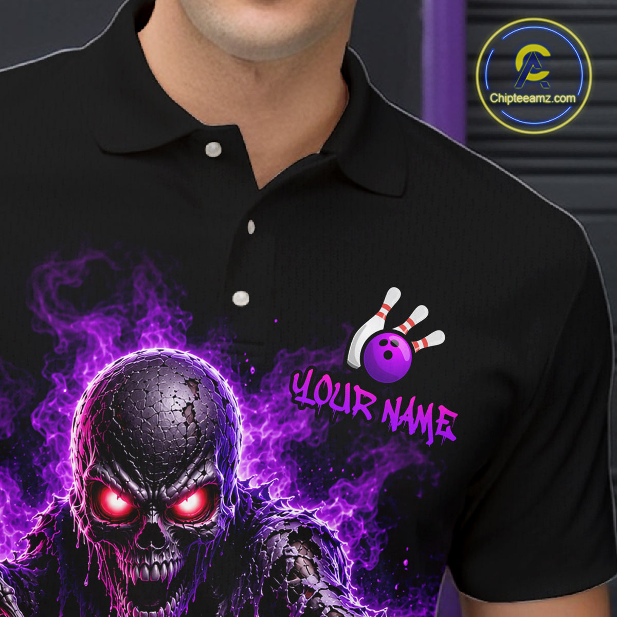 Black short-sleeve zip-up shirt shown from the front and back, featuring a large purple and black bowling-themed skeleton graphic with bowling pins and glowing red eyes. The front has placeholder text reading 'YOUR NAME' and a bowling pin logo, and the back has 'TEAM NAME' in purple.