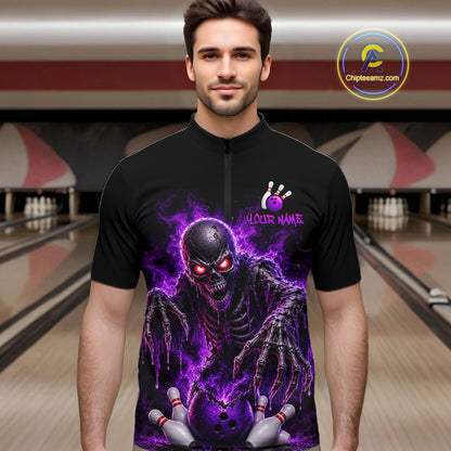 Personalized Men Bowling Jersey Custom Name Team Name Purple Skeleton Bowling Polo Shirt Tournament Gift NHT1317