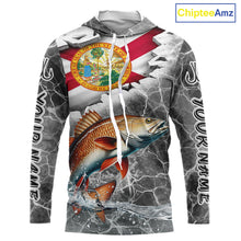 Load image into Gallery viewer, Florida Redfish Camo Gray Custom Long Sleeve Hooded Performance Fishing Shirts, Florida Flag Fishing Jerseys NHT660