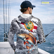 Load image into Gallery viewer, Florida Redfish Camo Gray Custom Long Sleeve Hooded Performance Fishing Shirts, Florida Flag Fishing Jerseys NHT660