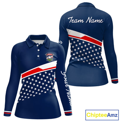 Blue Navy American Flag Womens Golf Polo Shirts Custom Patriotic Team Golf Shirts For Womens Golf Gifts NHT693
