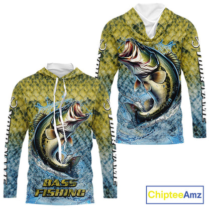 Largemouth Bass Fishing Shirts Long Sleeve Hooded, Beautiful Bass Fishing Shirts For Men NHT403